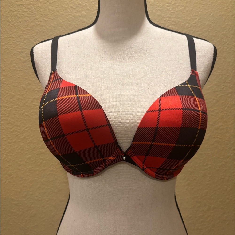 Frederick's of Hollywood Red and Black Plaid Lexi Push Up Plunge T-shirt Bra
